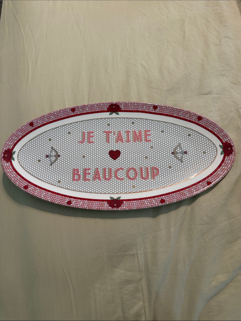 Anthropologie  Je T'aime Beaucoup Decorative Oval Platter - Pink & Red Accent